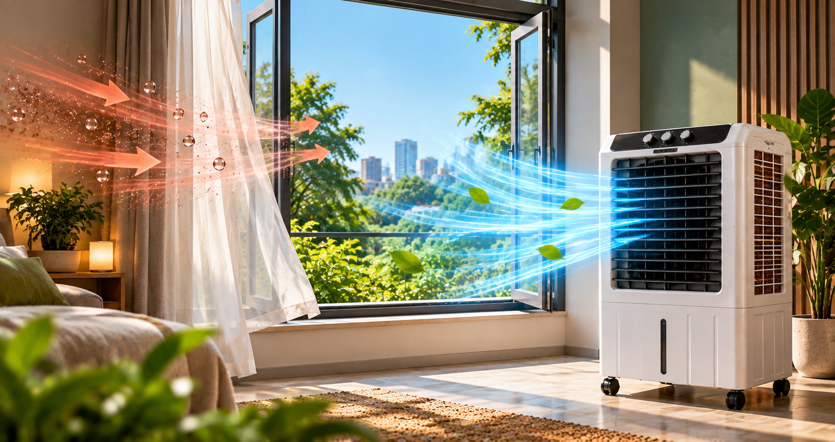 Indora air cooler with open window ventilation