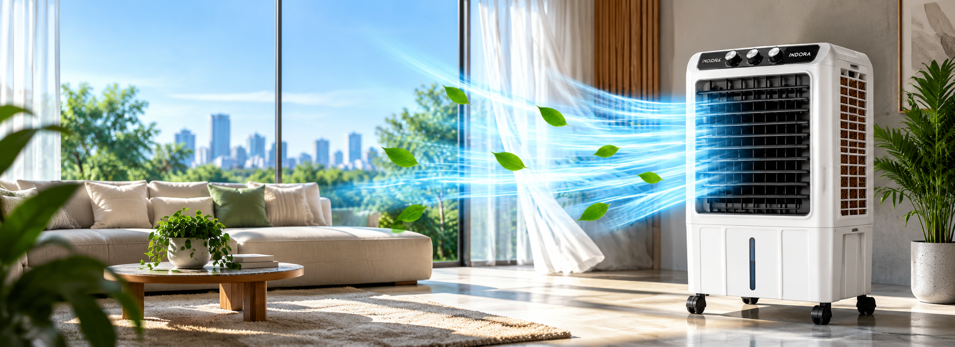 Indora air cooler showing powerful air delivery